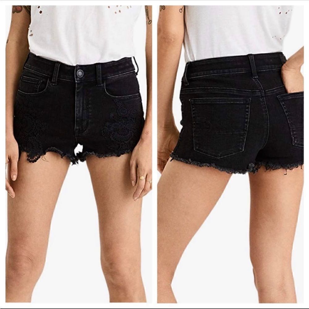 American Eagle Womens Black Super Stretch X Hi Rise Crochet Accent Short Size 4